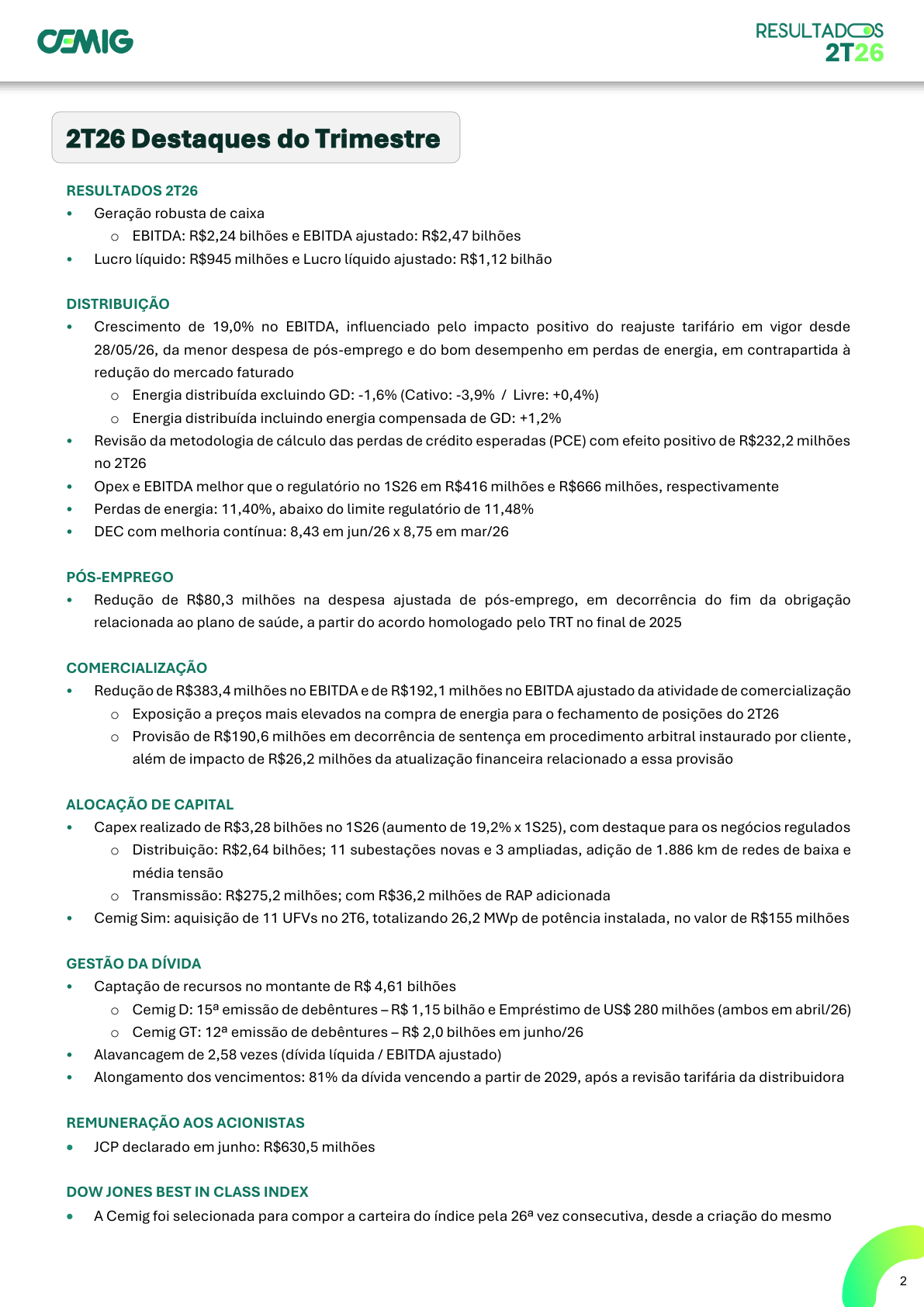 Destaques oficiais dos resultados da Cemig